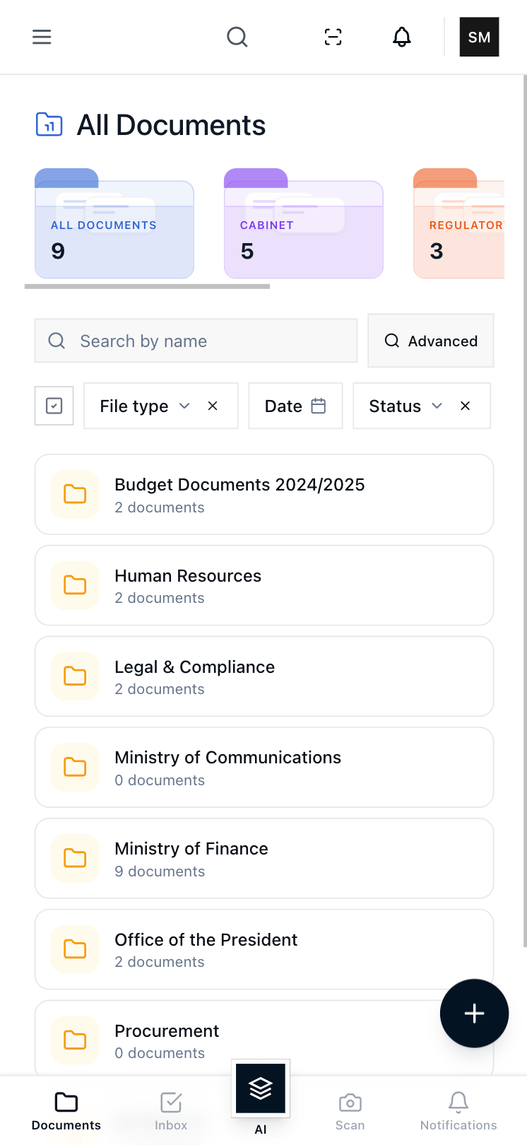 Nyansapo AI mobile interface showing document folders and AI assistant